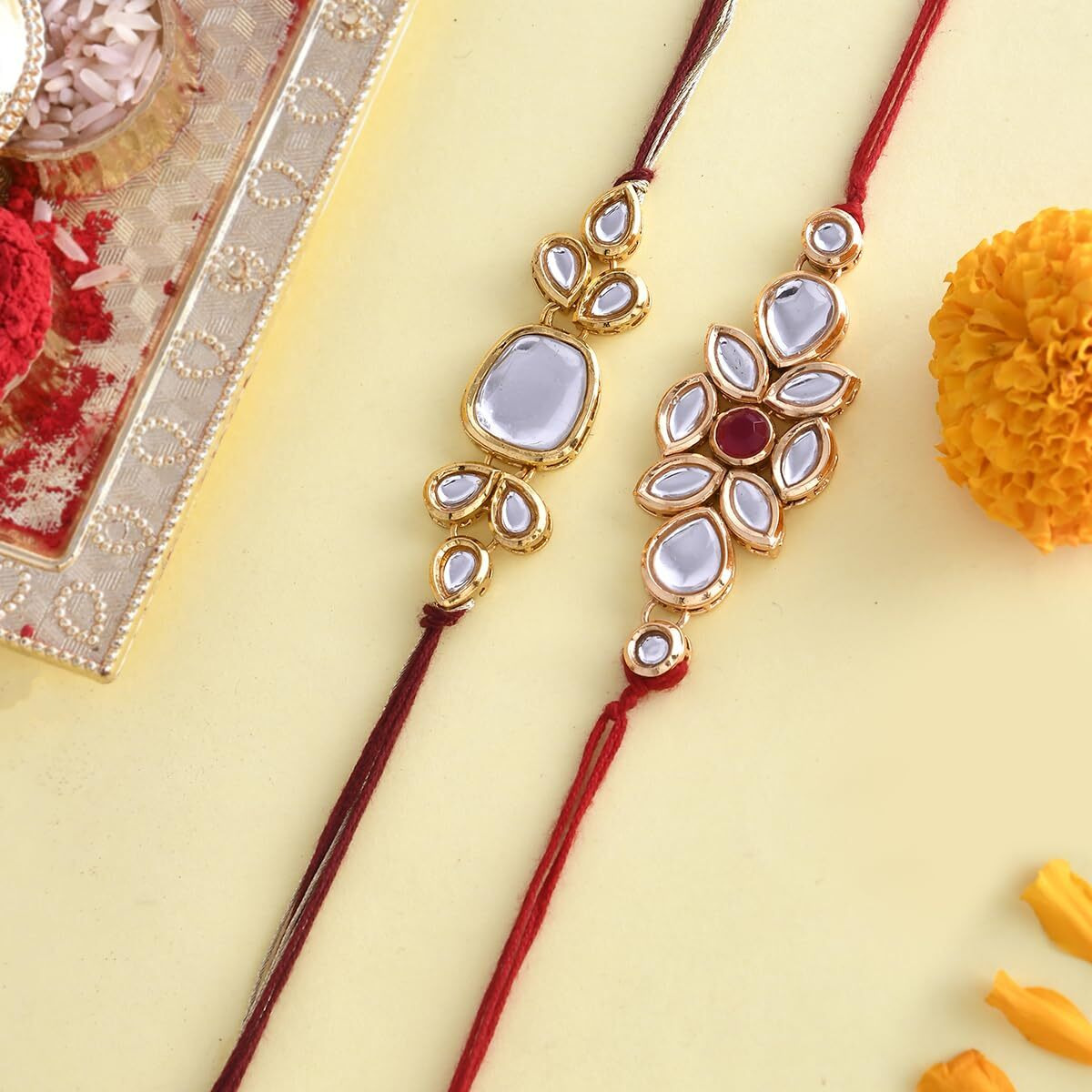 Voylla Kundan Polki Ethnic Studded Thread Rakhi Pack Of 2 With Roli Chawal Pack -Rakhi For Brother