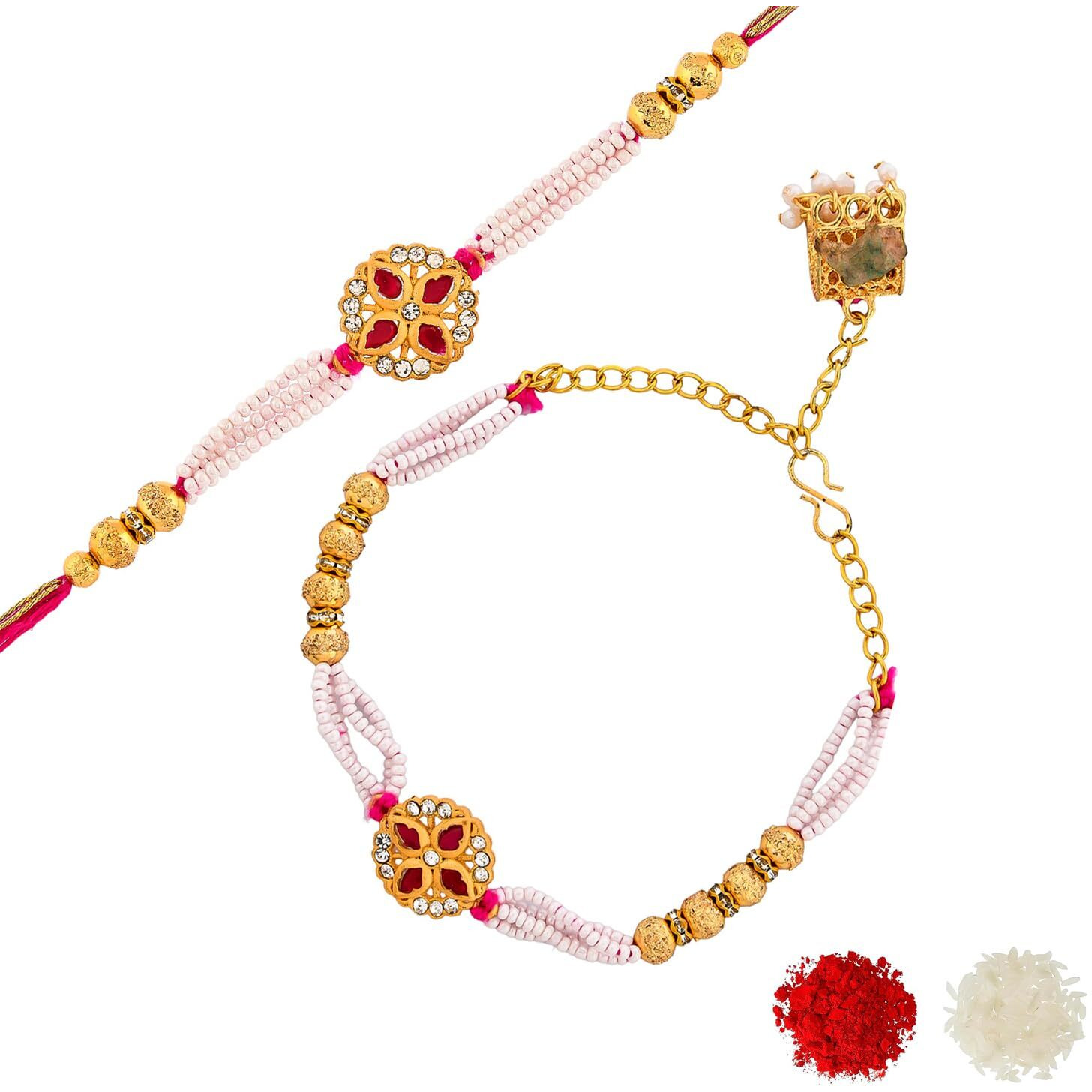 Voylla White Pearls And Golden Beads Bhaiya Bhabhi Rakhi For Brother And Bhabhi|Lumba Rakhi|