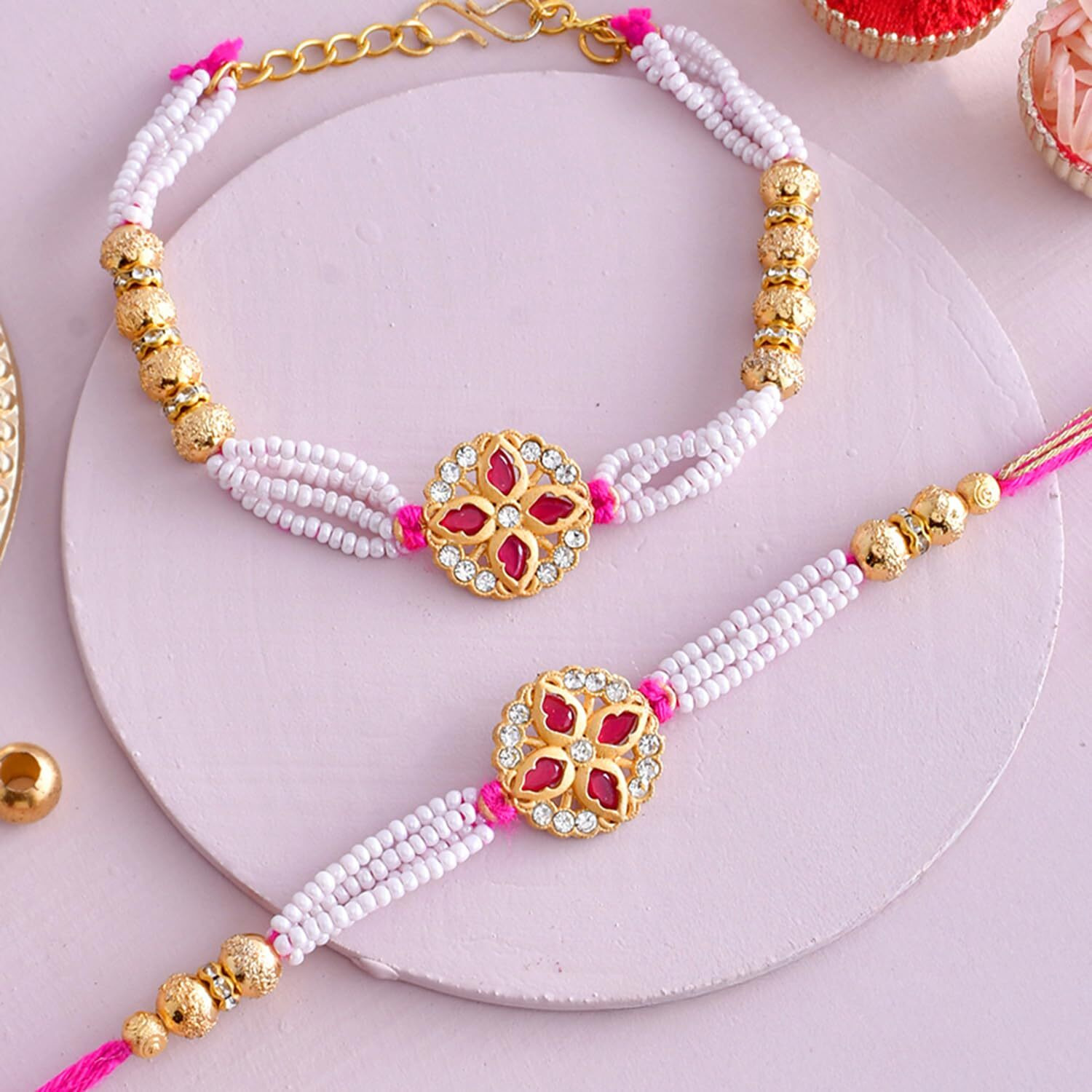Voylla White Pearls And Golden Beads Bhaiya Bhabhi Rakhi For Brother And Bhabhi|Lumba Rakhi|