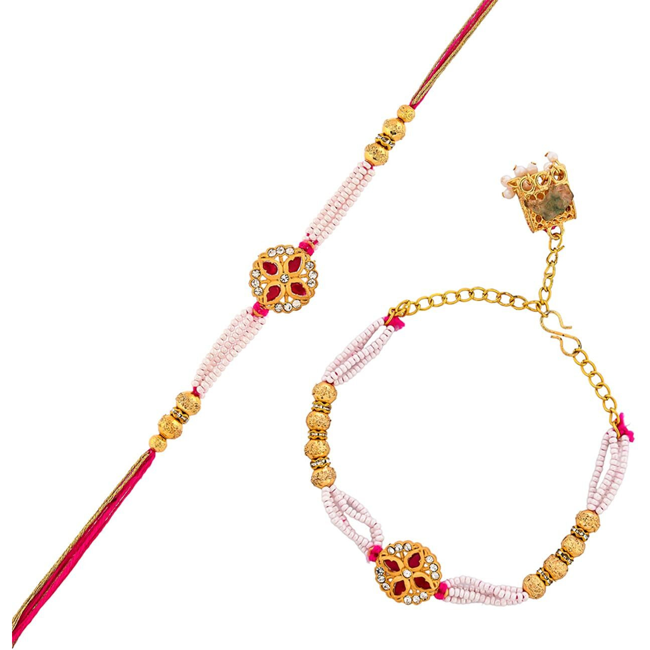 Voylla White Pearls And Golden Beads Bhaiya Bhabhi Rakhi For Brother And Bhabhi|Lumba Rakhi|