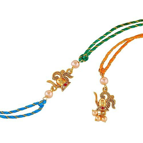 Estele Gold Plated Divine Lord Shiva With Om Symbol Rakhi Set For Bhaiya & Bhabhi With Pearls And Multi-Colored Silk Thread