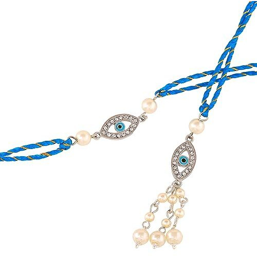 Estele Rhodium Plated Auspicious Evil Eye Rakhi Set For Bhaiya Bhabhi With Blue Enamel And White Austrian Crystals With Fancy Silk Thread