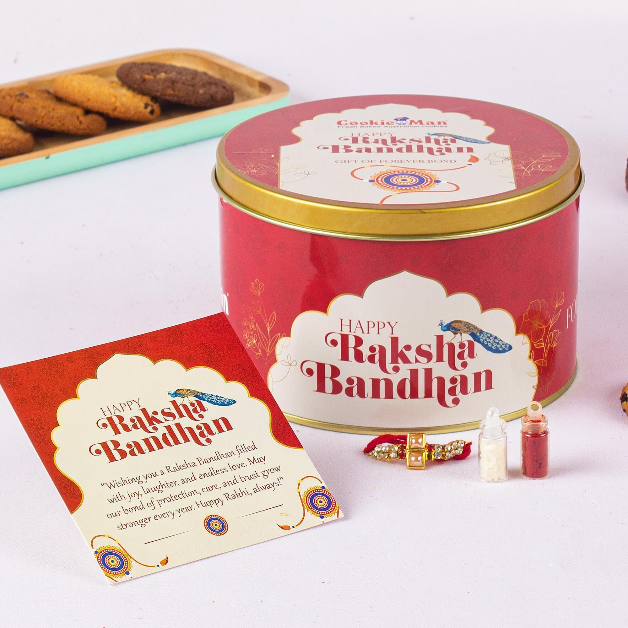 Cookieman Rakhi Gift Box With 300G Assorted Cookies, Rakhi, Roli Tilak Set & Greeting Card | Perfect Raksha Bandhan Hamper For Brother & Sister