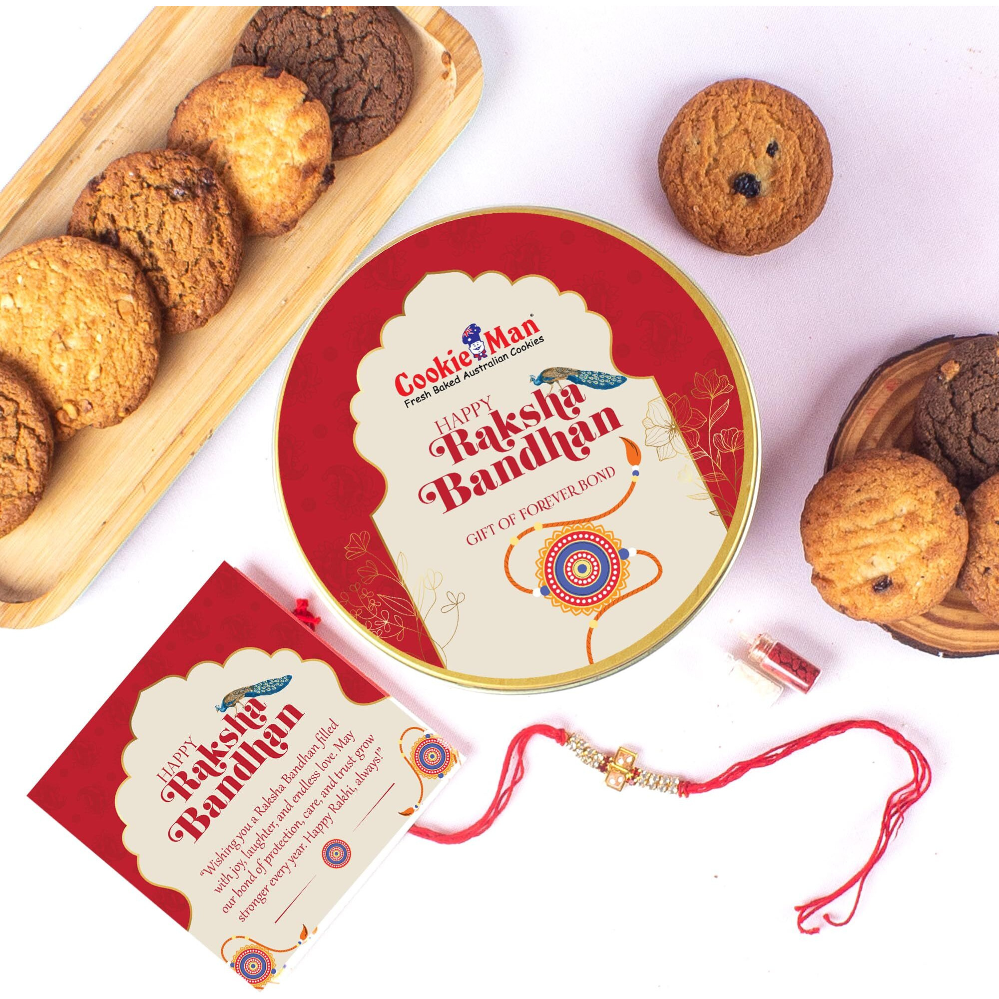 Cookieman Rakhi Gift Box With 300G Assorted Cookies, Rakhi, Roli Tilak Set & Greeting Card | Perfect Raksha Bandhan Hamper For Brother & Sister