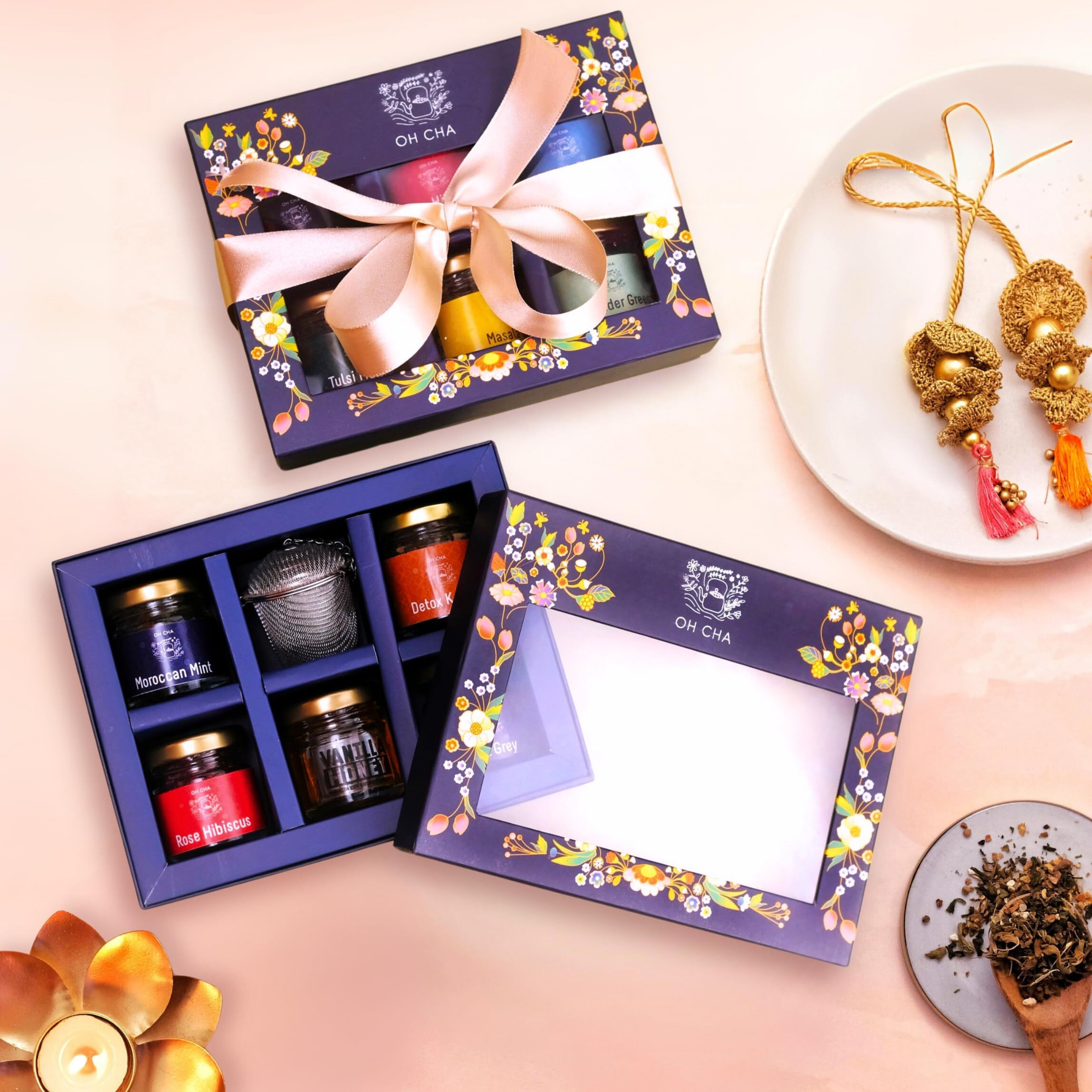 Oh Cha - Rakhi Gift For Brother/Sister | Gift Box With 4 Teas, Rakhi, Moli, Chawal, Honey, Infuser, Personalized Note | Rakhi Gift Hamper For Bhabhi, Brother, Sister | Complete Rakshabandhan Gift