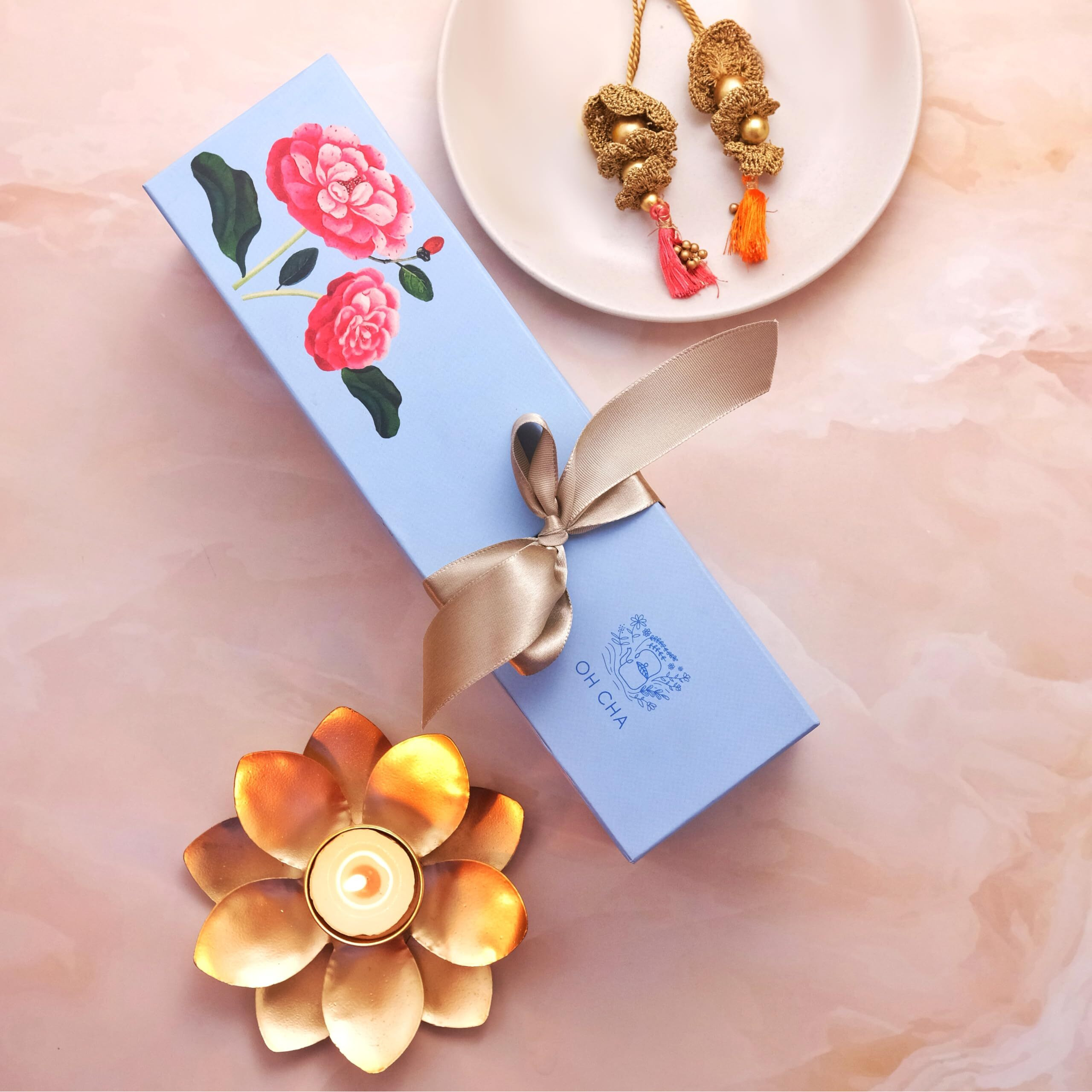 Oh Cha - Azure Collections Rakhi Gift For Brother/Sister | Gift Box With 2 Teas, 1 Ceramic Kulhad, Rakhi, Moli, Chawal, Honey, Infuser, Personalized Note | Rakhi Gift Hamper | Rakshabandhan Gift