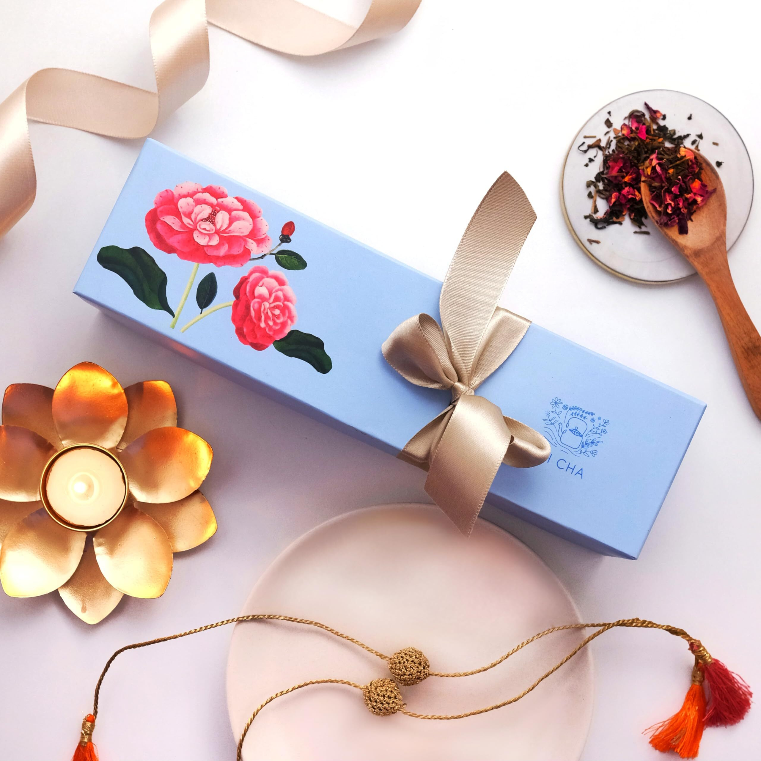 Oh Cha - Azure Collections Rakhi Gift For Brother/Sister | Gift Box With 2 Teas, 1 Ceramic Kulhad, Rakhi, Moli, Chawal, Honey, Infuser, Personalized Note | Rakhi Gift Hamper | Rakshabandhan Gift