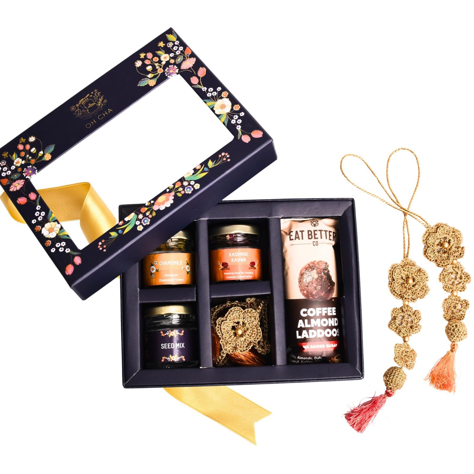 Oh Cha - Rakhi Gift Box For Brother | Rakhi Hamper With Chamomile Tea, Kashmiri Kahwa, Seed Mix, Eat Better Coffee Almond Laddu, Handcrafted Rakhi & Roli Chawal Tilak Set | Rakshabandhan Gift Box