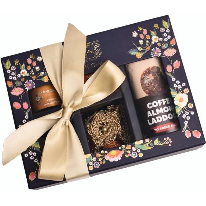 Oh Cha - Rakhi Gift Box For Brother | Rakhi Hamper With Chamomile Tea, Kashmiri Kahwa, Seed Mix, Eat Better Coffee Almond Laddu, Handcrafted Rakhi & Roli Chawal Tilak Set | Rakshabandhan Gift Box