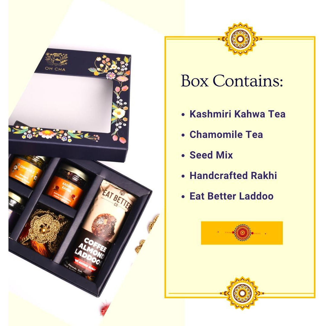 Oh Cha - Rakhi Gift Box For Brother | Rakhi Hamper With Chamomile Tea, Kashmiri Kahwa, Seed Mix, Eat Better Coffee Almond Laddu, Handcrafted Rakhi & Roli Chawal Tilak Set | Rakshabandhan Gift Box