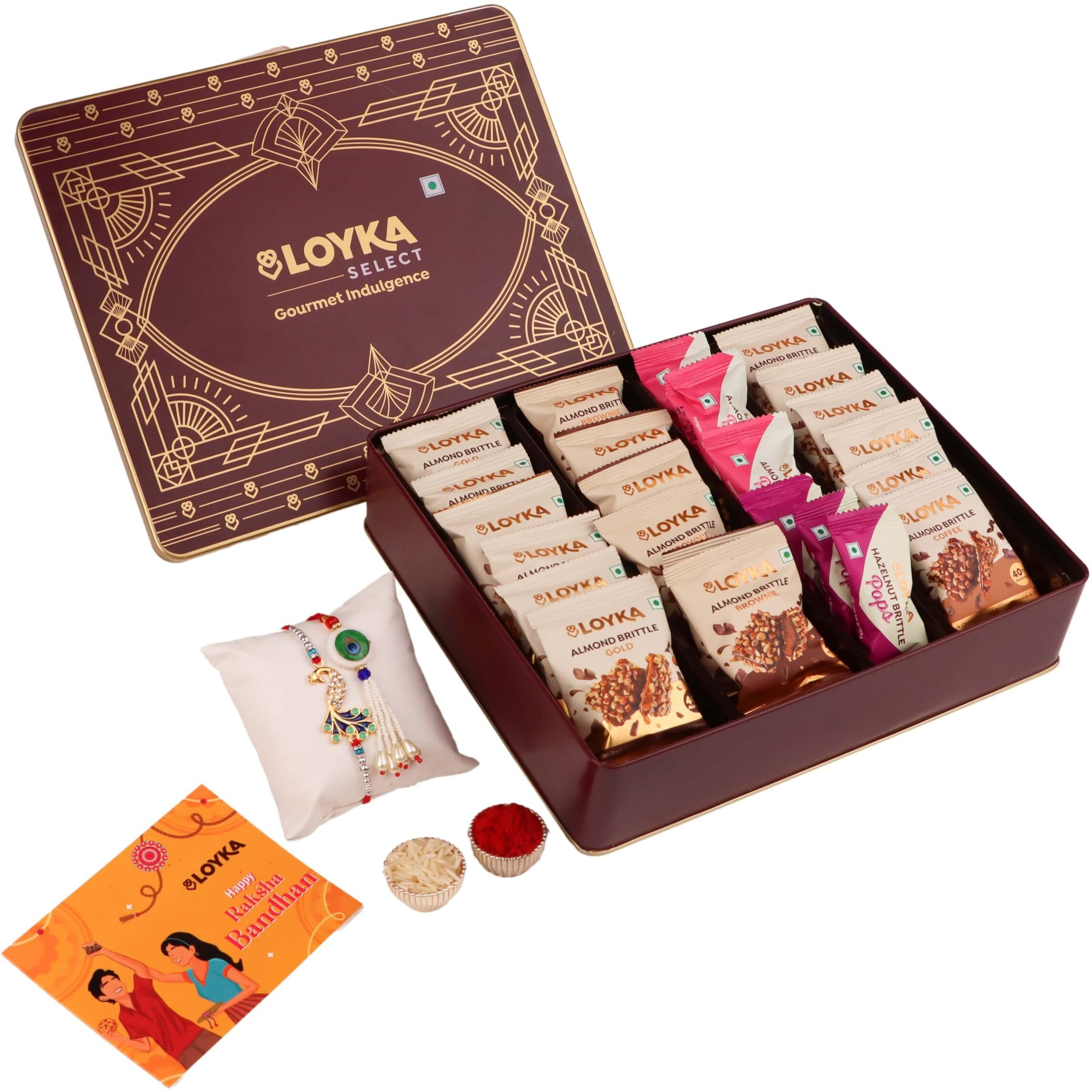 Loyka Select Regal Tin (Reusable) With Bhaiya Bhabhi Rakhi, Roli, Chawal & Card  A Luxurious Gifting Delight With 5 Almond Brittle Gold, 5 Brownie, 8 Pops, 6 Cookies & Rich Dark Chocolate Almond Treats  Perfect For Celebrations & Special Moments