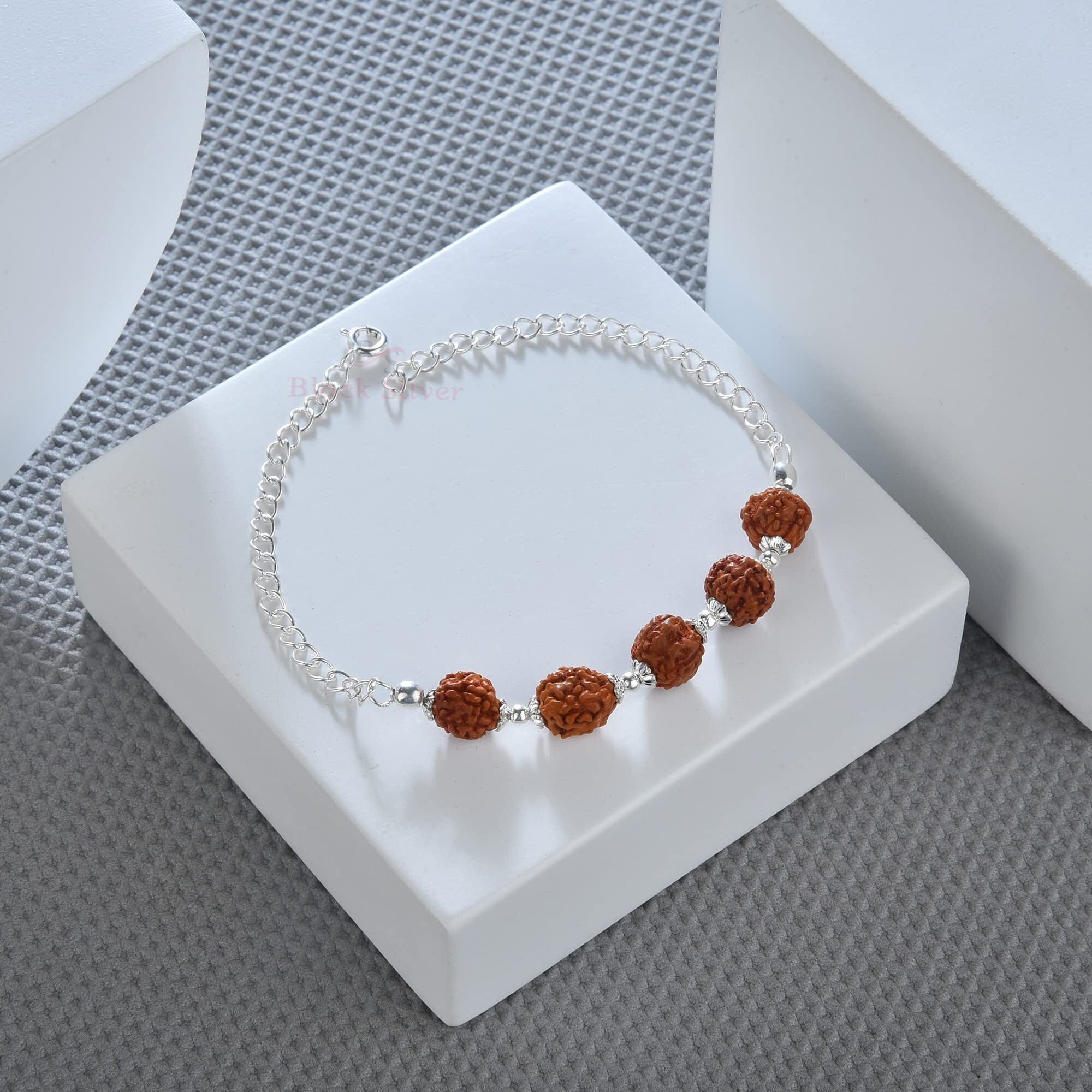 Black Silver Five Rudraksha Pure 925 Sterling Silver Bracelet/Rakhi With Flower Caps For Boys, Girls, Men & Women | Traditional Rakshabandhan Rakhi For Brother & Bhabhi