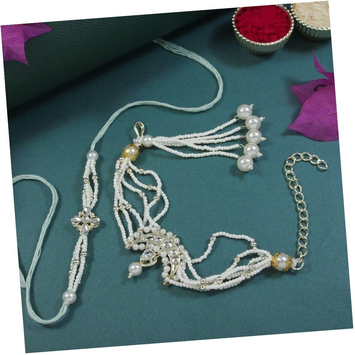 I Jewels White Kundan & Pearl Bhaiya Bhabhi Lumba Bracelet Rakhi Combo Set With Roli Chawal & Rakshabandhan Greeting Card For Unisex Adult(R154W-Co)
