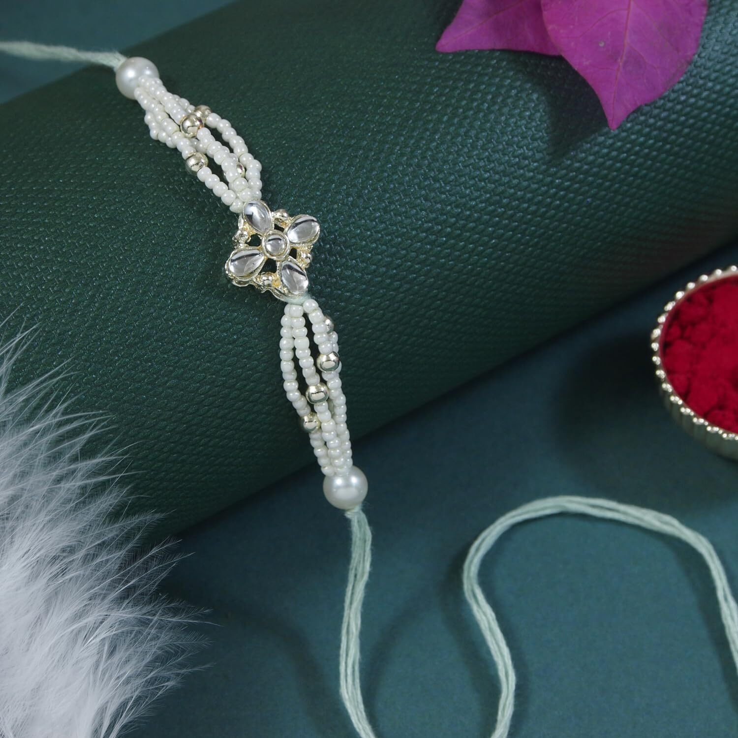I Jewels White Kundan & Pearl Bhaiya Bhabhi Lumba Bracelet Rakhi Combo Set With Roli Chawal & Rakshabandhan Greeting Card For Unisex Adult(R154W-Co)