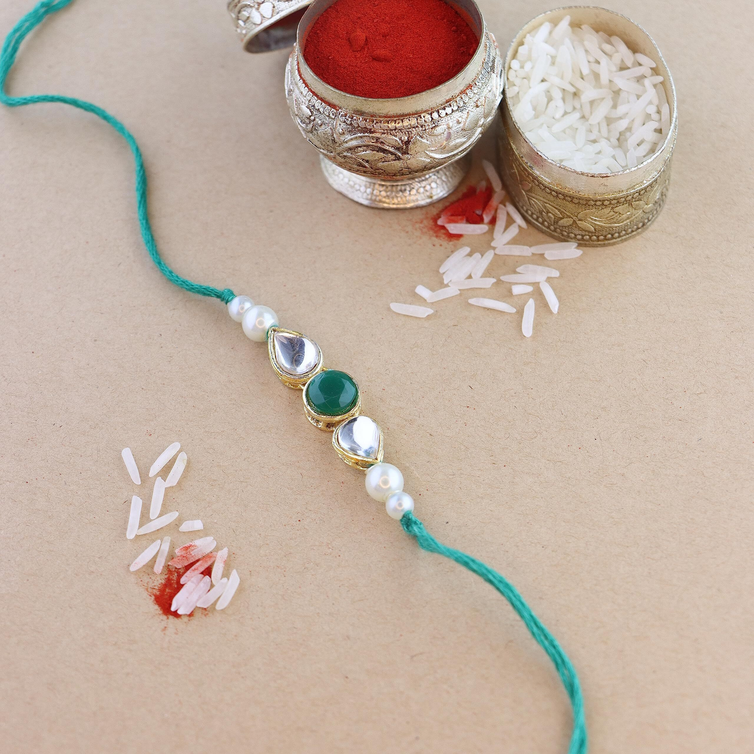 I Jewels Mens Pearl & Kundan Designer Bhaiya Rakhi With Roli Chawal & Rakshabandhan Card For Brother/Bro/Bhai (R099G-6)