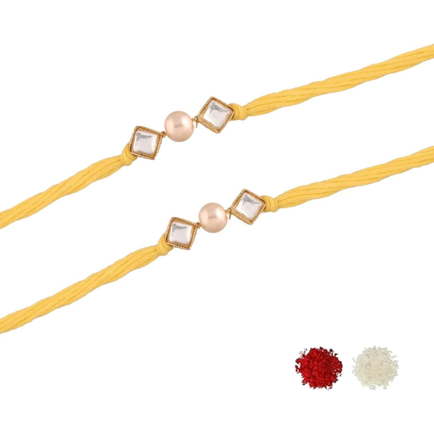 I Jewels Mens Gold Plated Ethnic Pearl & Kundan Combo Bhaiya Rakhi With Roli Chawal & Rakshabandhan Card For Bro/Brother/Bhai (R025-2) (Pack Of 2)