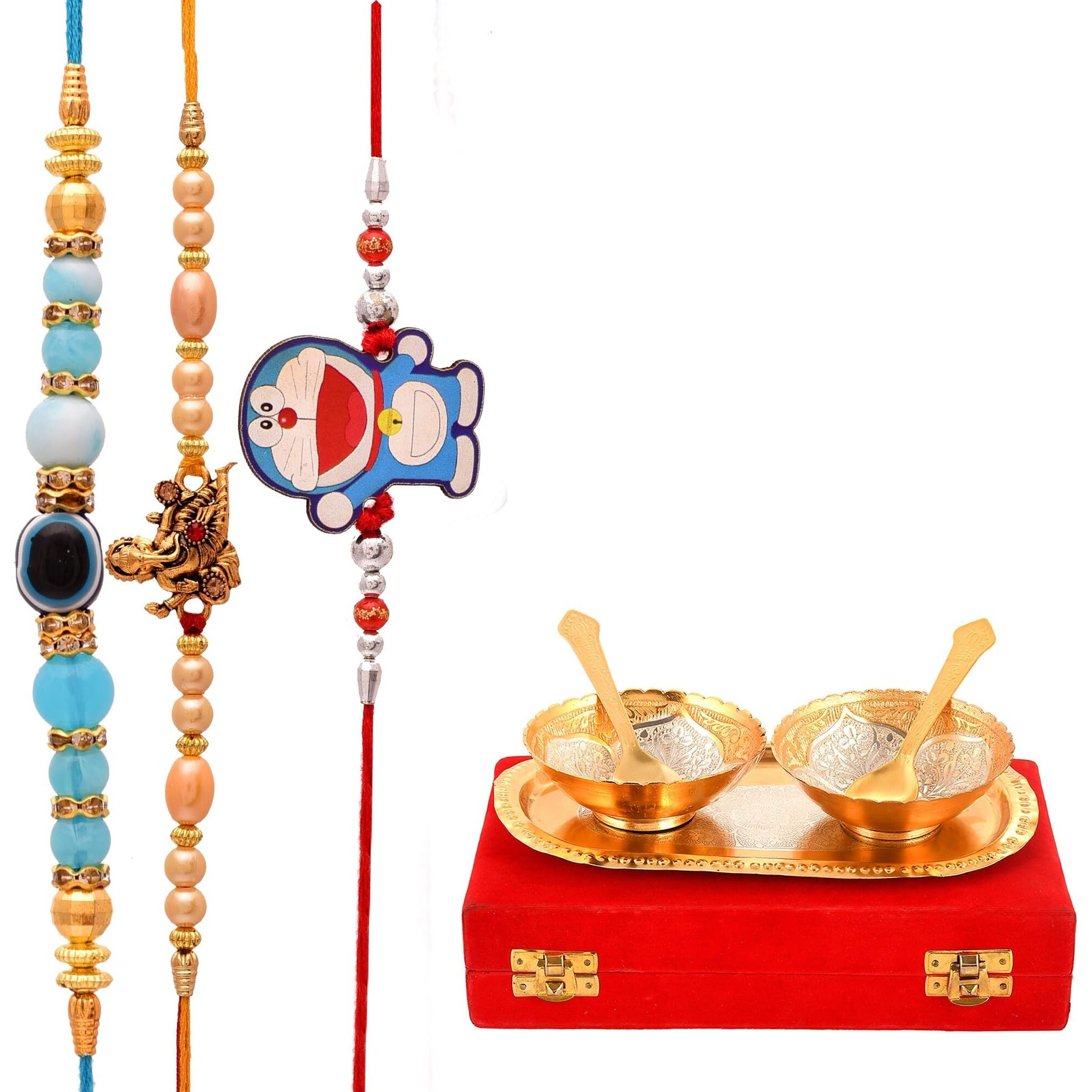 Yalambar Rakhi Gift For Brother & - Rakshabandhan Gift For Bhaiya Bhabhi - Rakhi With Brass Bowl With Velvet Box, Tilak Material & Greeting Card-Yalam-02-310