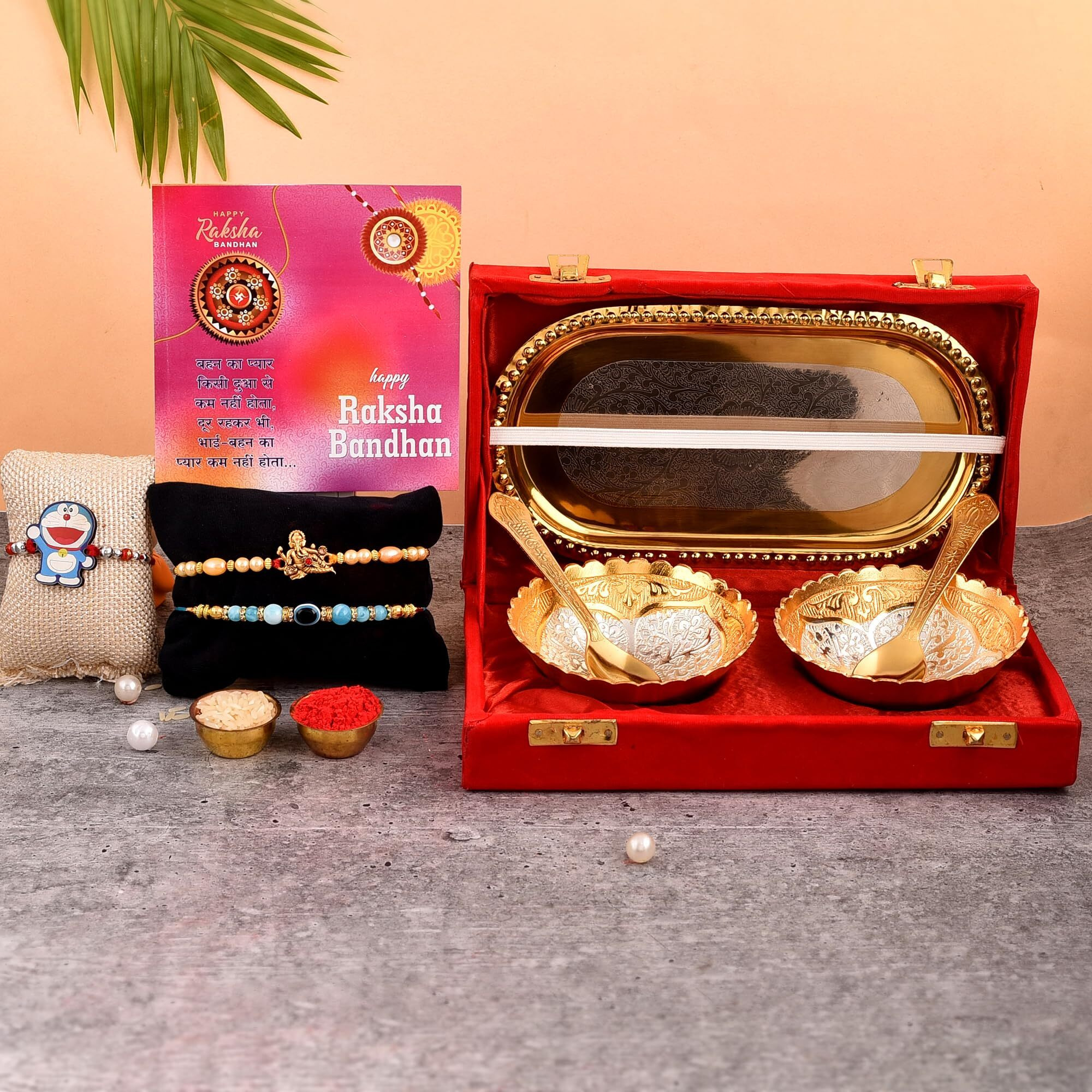 Yalambar Rakhi Gift For Brother & - Rakshabandhan Gift For Bhaiya Bhabhi - Rakhi With Brass Bowl With Velvet Box, Tilak Material & Greeting Card-Yalam-02-310