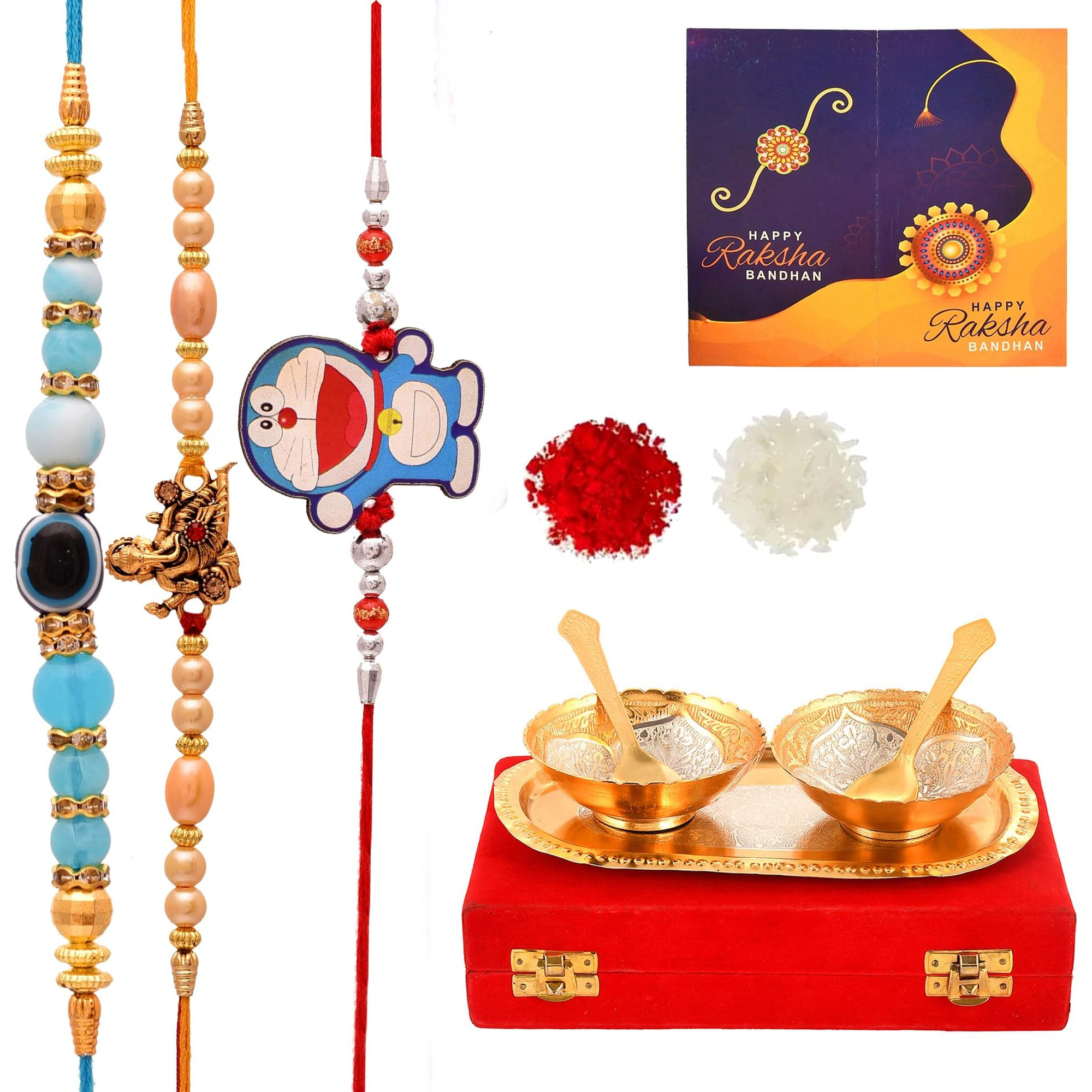 Yalambar Rakhi Gift For Brother & - Rakshabandhan Gift For Bhaiya Bhabhi - Rakhi With Brass Bowl With Velvet Box, Tilak Material & Greeting Card-Yalam-02-310