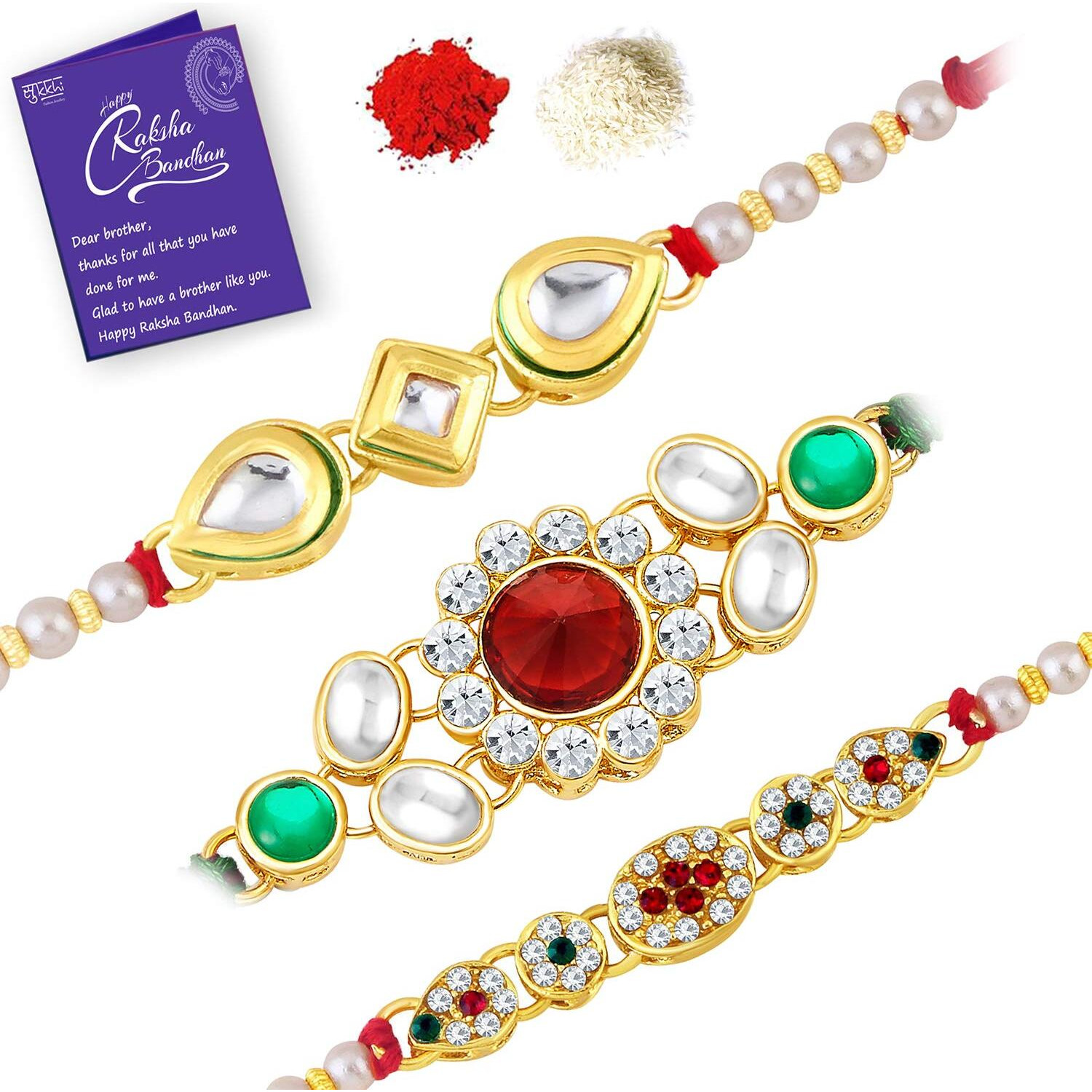 Sukkhi Rakhi Spunky Kundan Rakhi Combo & Designer Gold Plated Premium Rakhi For Brother, Roli Chawal & Greeting Card|Rakhi For Bhaiya|Rakhi For Men|Kundan Rakhi|Rakhi Combo-Set Of 3 |Cbrak82920