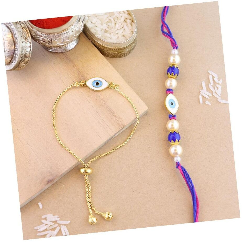 I Jewels Designer Enamel Evil Eye Bhaiya Bhabhi Lumba Rakhi Set With Roli Chawal For Brother/Bro/Men With Rakshabandhan Card (R129-Co)