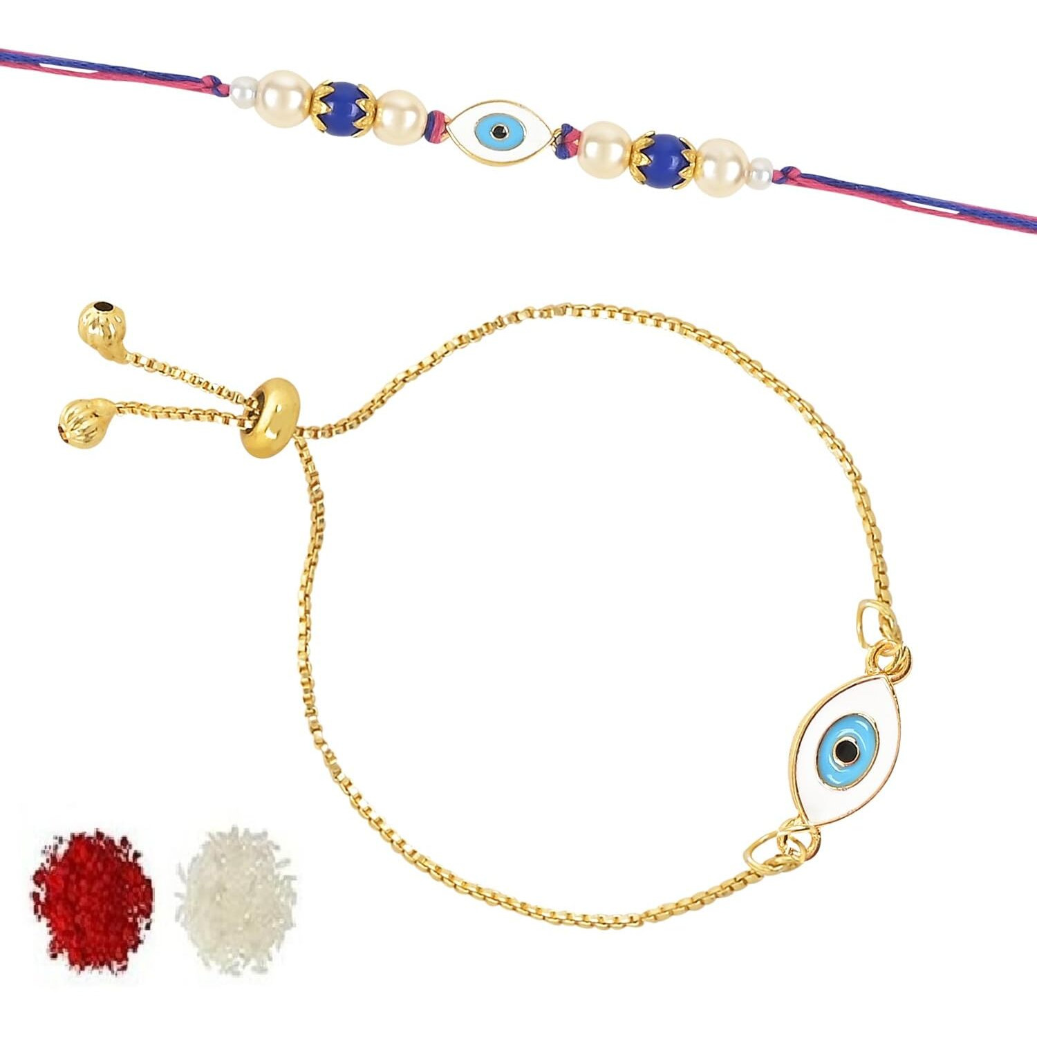 I Jewels Designer Enamel Evil Eye Bhaiya Bhabhi Lumba Rakhi Set With Roli Chawal For Brother/Bro/Men With Rakshabandhan Card (R129-Co)