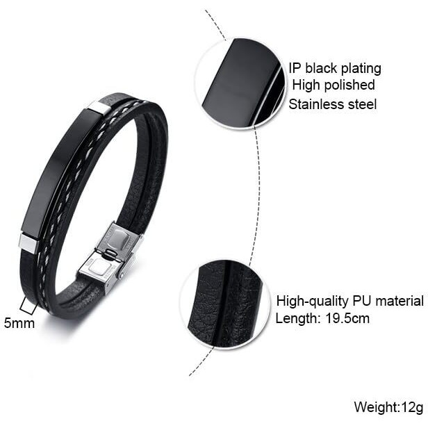 Youbella Men's Black Leather Bracelet | Retro Style Wristband | Birthday Gift For Him