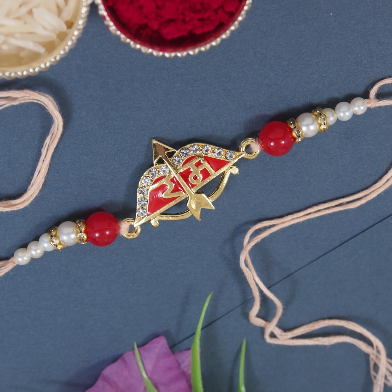 I Jewels Mens Gold Plated Combo Ram Rakhi With Roli Chawal & Rakshabandhan Card For Brother/Bro/Bhaiya (R299Or-Re)
