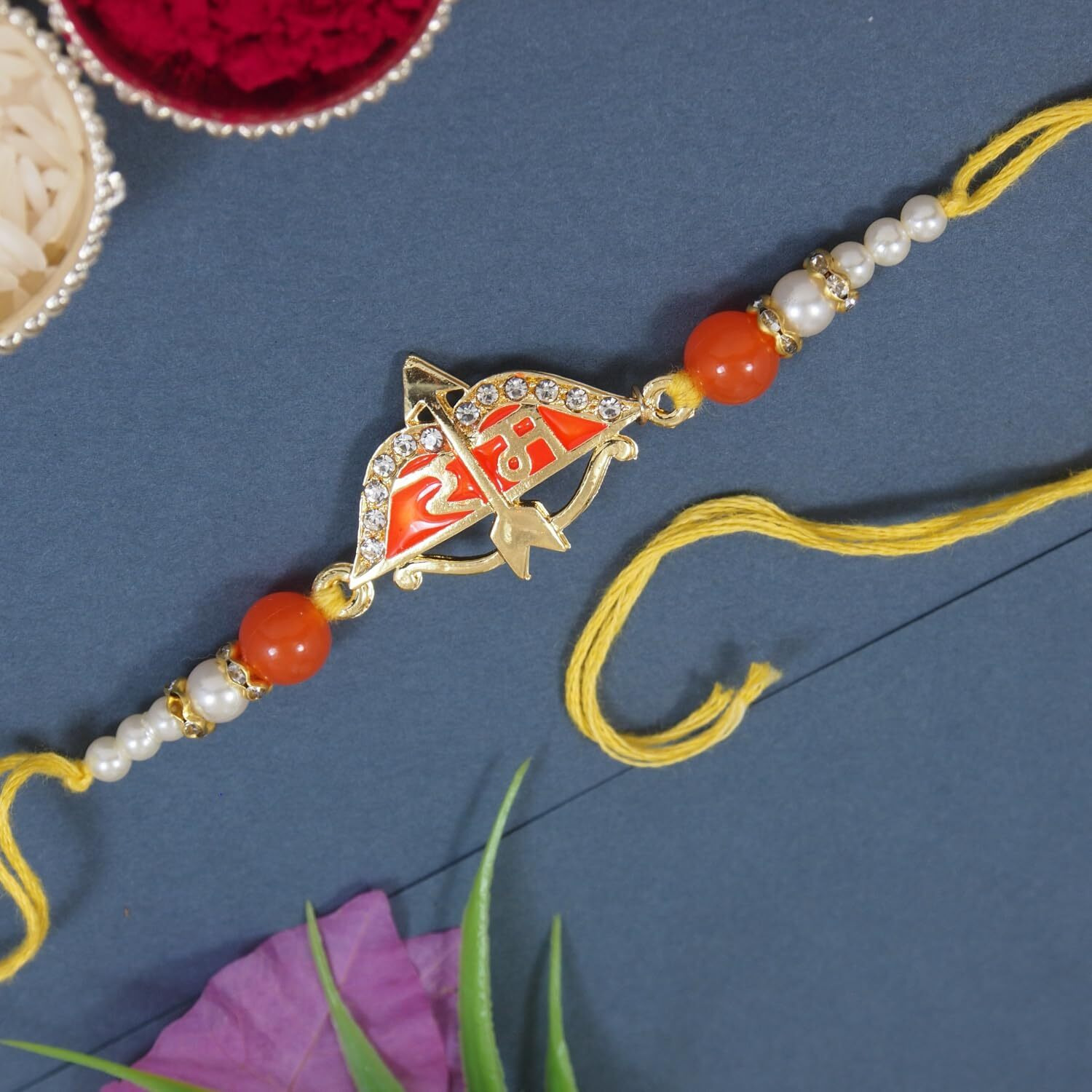 I Jewels Mens Gold Plated Combo Ram Rakhi With Roli Chawal & Rakshabandhan Card For Brother/Bro/Bhaiya (R299Or-Re)