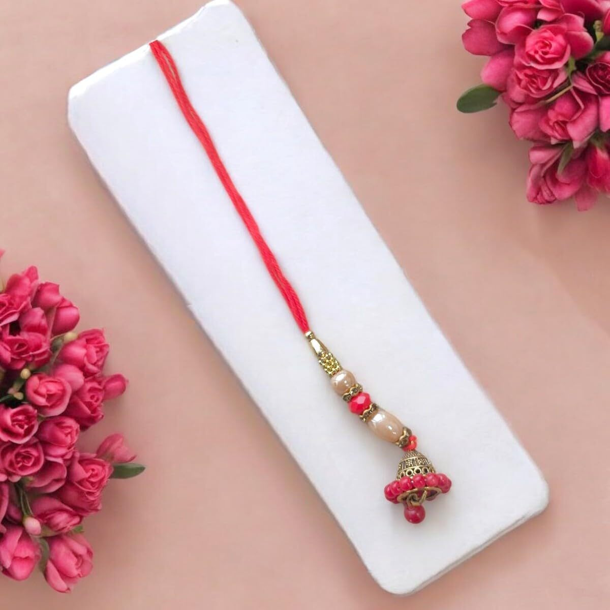 Accessher Unisex Traditional Lumba Rakhi With Delicate Jhumka For Beloved Bhabhi/Gifting With Roli Kumkum Packets & Happy Rakshabandhan Card (Pack Of 1)