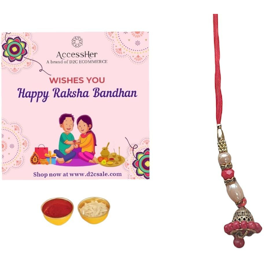 Accessher Unisex Traditional Lumba Rakhi With Delicate Jhumka For Beloved Bhabhi/Gifting With Roli Kumkum Packets & Happy Rakshabandhan Card (Pack Of 1)