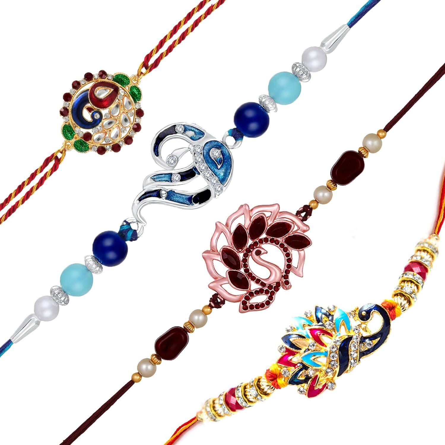 Mahi Combo Of 4 Multicolor Crystals Peacock Shaped Rakhis With Meenakari Work For Brother(Rco1105558M)
