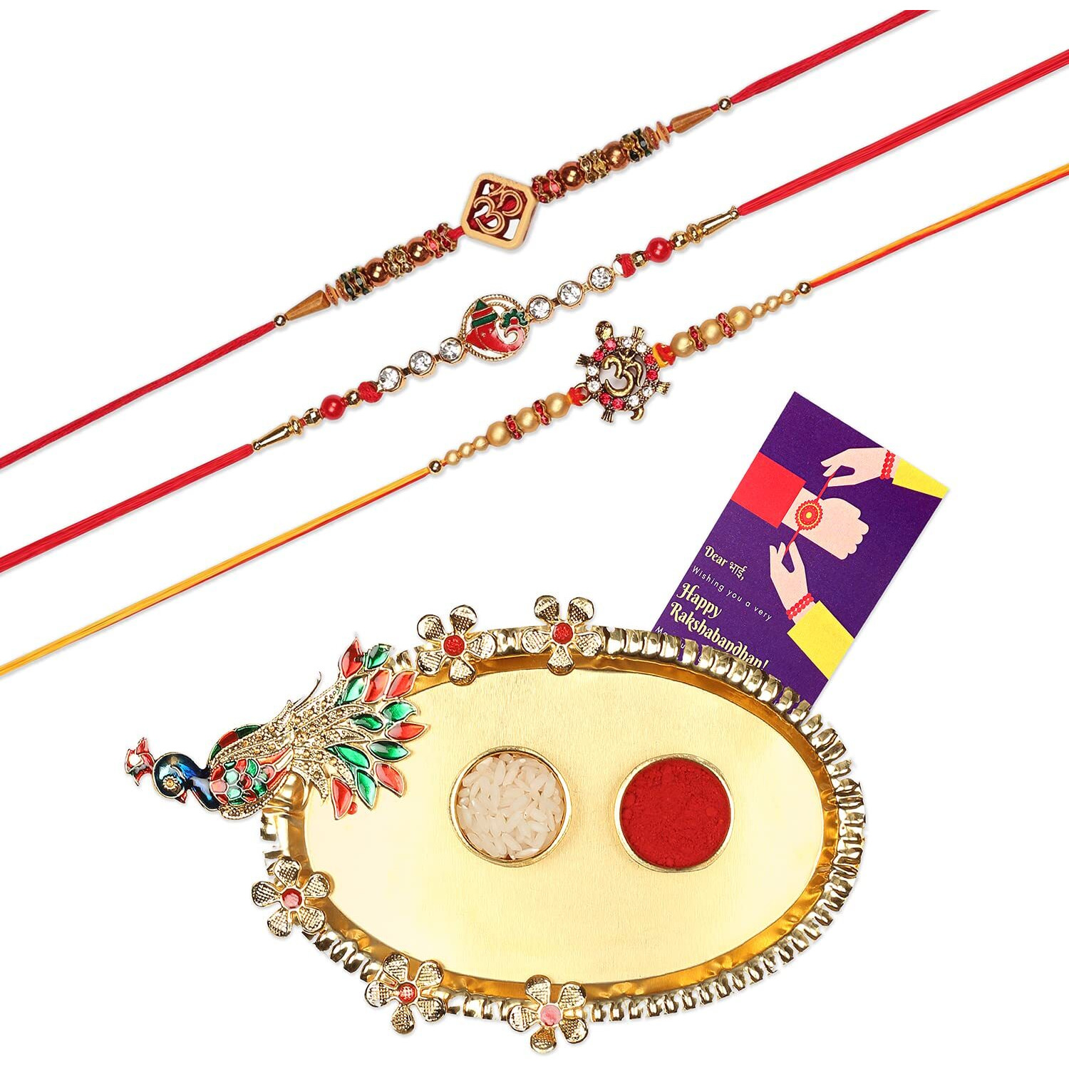 Accessher Mens Presents Traditional Religious Deity Inspired Rakhi Set Of 3 For Brother With Acrylic Peacock Pooja Thali, Roli Kumkum Packets And Happy Rakshabandhan Card