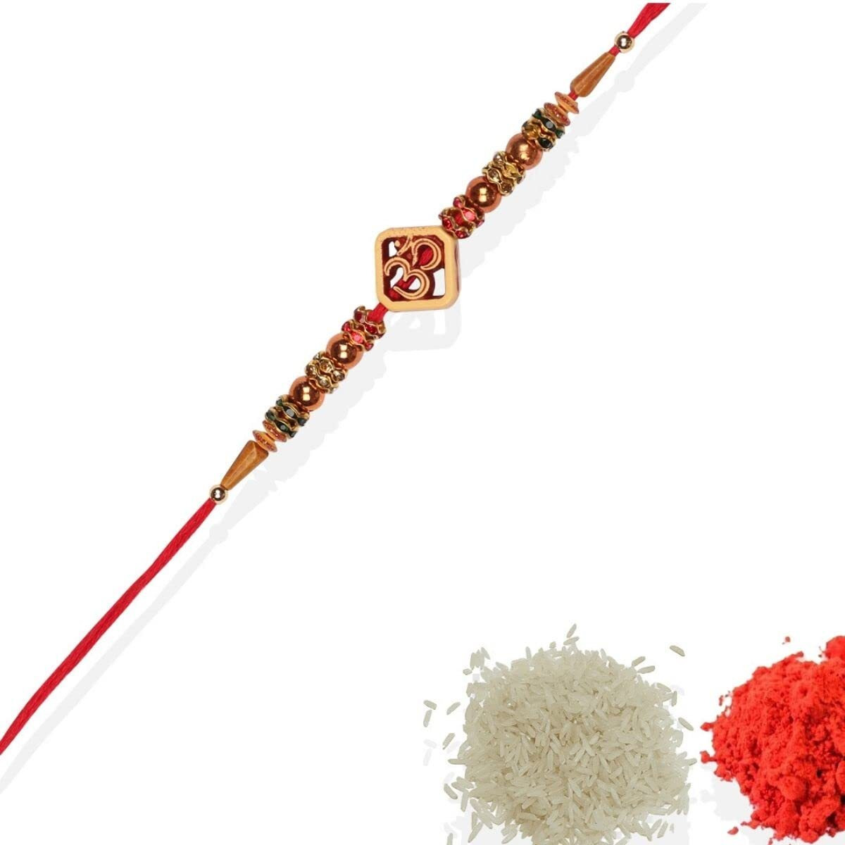 Accessher Mens Presents Traditional Religious Deity Inspired Rakhi Set Of 3 For Brother With Acrylic Peacock Pooja Thali, Roli Kumkum Packets And Happy Rakshabandhan Card