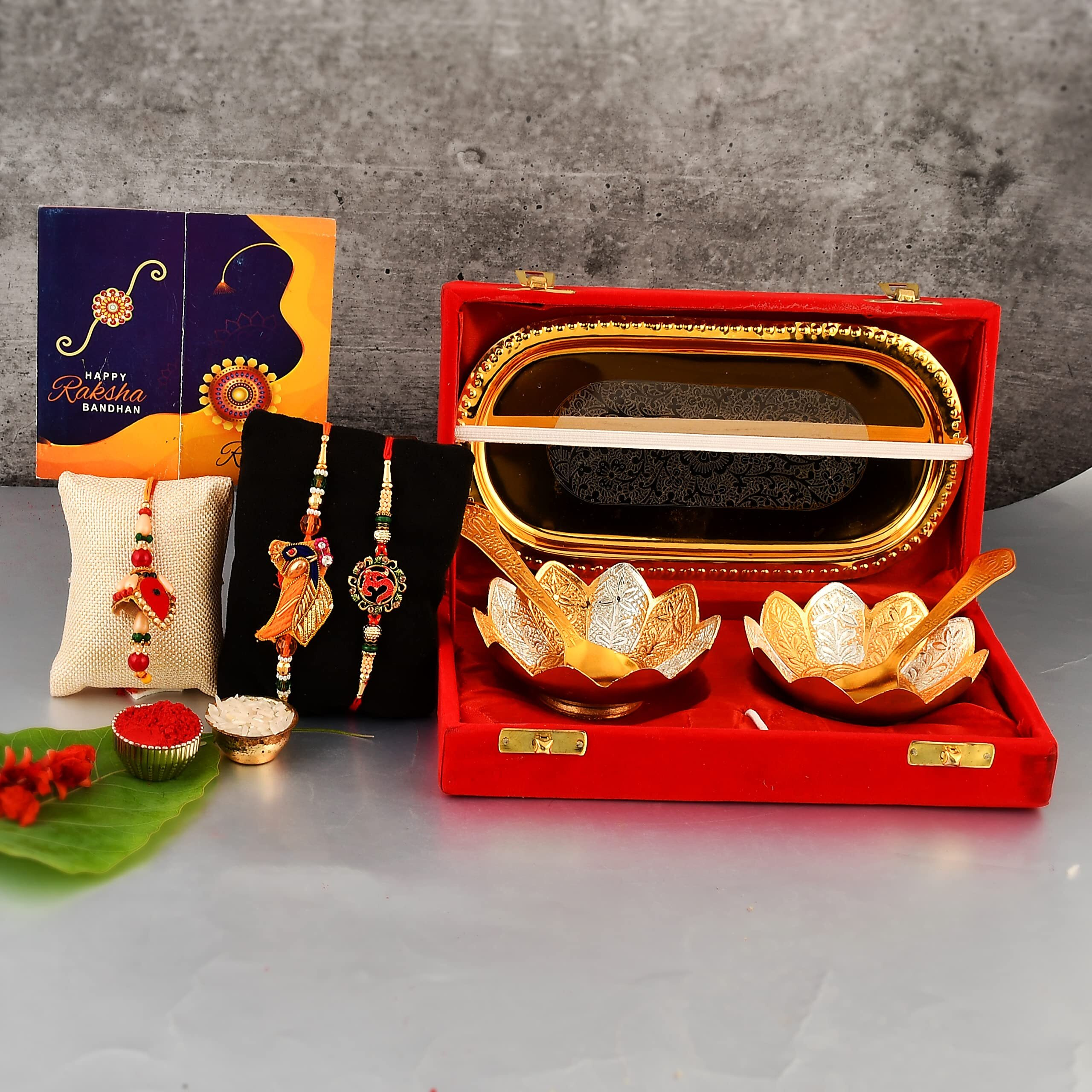 Yalambar Rakhi & Gift Set For Brother [Gift Combo - | Rakhi With Brass Bowl With Velvet Box Set Of-5 | Wishes Card And Roli Chawal -Yal-02-862