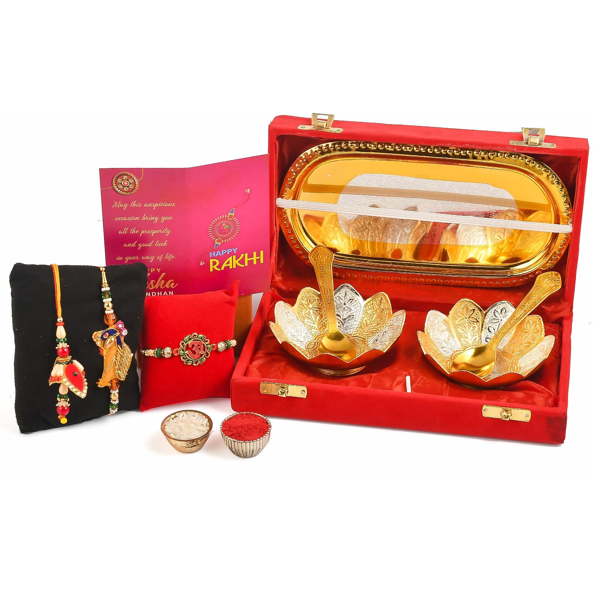 Yalambar Rakhi & Gift Set For Brother [Gift Combo - | Rakhi With Brass Bowl With Velvet Box Set Of-5 | Wishes Card And Roli Chawal -Yal-02-862