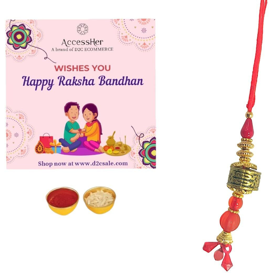 Accessher Mens Traditional Gold Inrticate Lumba Rakhi For Beloved Bhabhi Pack Of 1 & Gifting With Roli Kumkum Packets & Happy Rakshabandhan Card