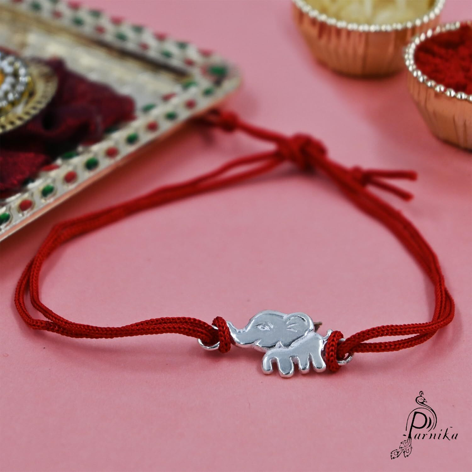 Parnika 925 Silver Elephant Thread Rakhi For Brother In Pure 92.5 Sterling Silver For Kids | Chandi Ki Rakhi | With Roli Chawal |