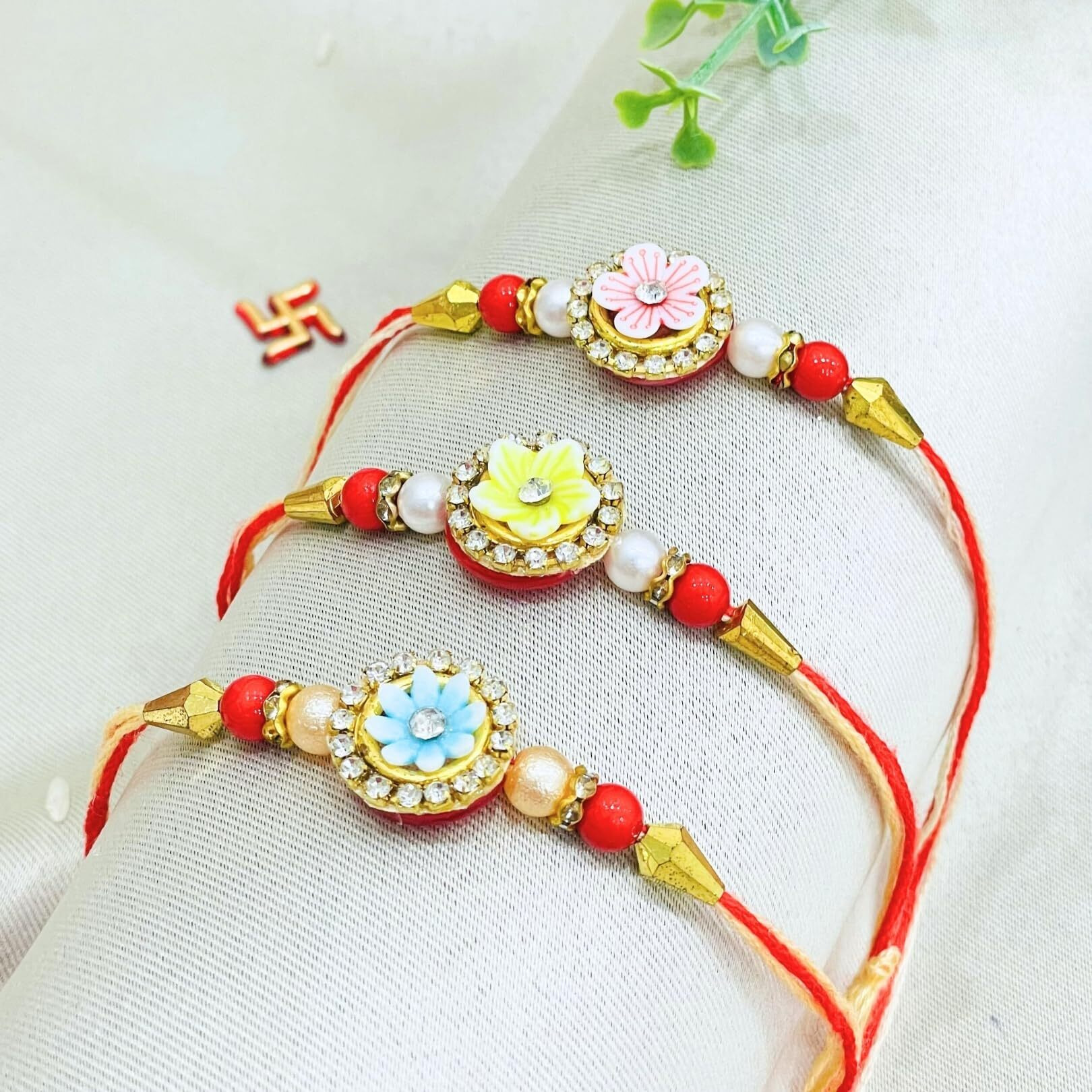 Chottey Lal And Sons Rakshabandhan Thread Floral Rakhi With Roli Chawal Combo Set || Traditional Thread Colorful Designer Rakhi For Borther And Sister (Pack Of 3, Multicolor)