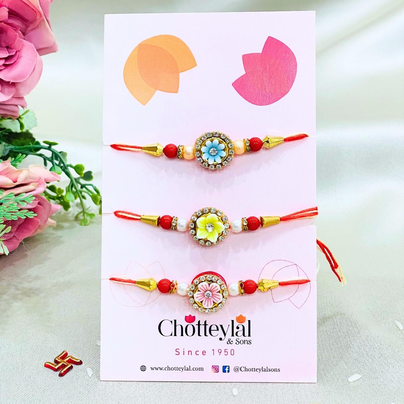 Chottey Lal And Sons Rakshabandhan Thread Floral Rakhi With Roli Chawal Combo Set || Traditional Thread Colorful Designer Rakhi For Borther And Sister (Pack Of 3, Multicolor)