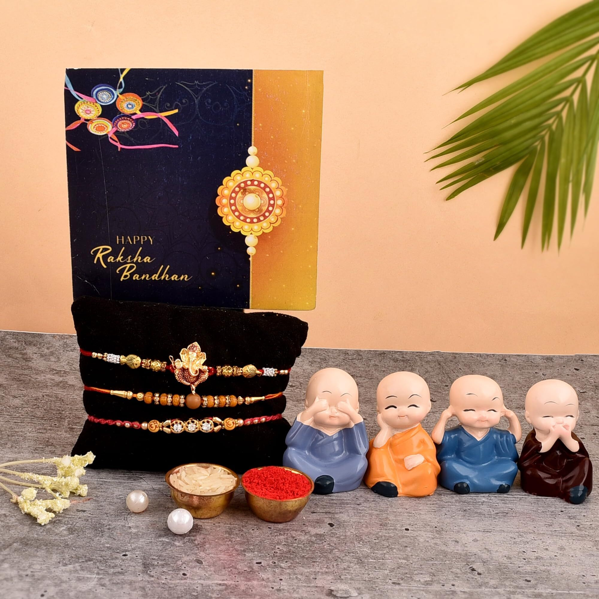 Great Art Rakhi Gifts For Brother Combo Set Rakshabandhan Gift For Brother Monk Buddha Showpiece Gift Hamper 3 Rakhi Set Roli Chawal With Best Wishes Greeting Card For Brother