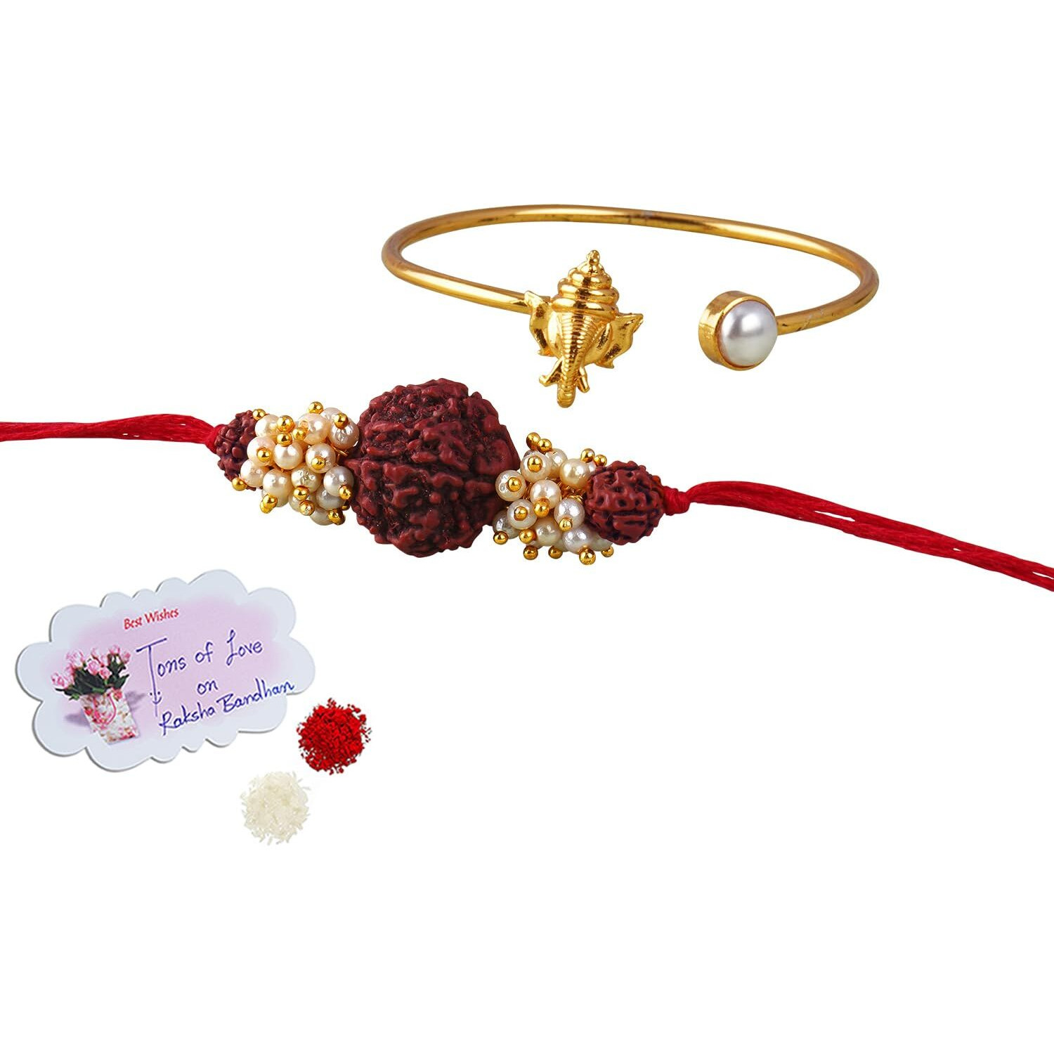 Jfl - Jewellery For Less Combo Of Pearl Rudraksh Rakhi & Ganesha Kada Couple Pair Latest Rakhi With Roli Chawal Raksha Bandhan With Hand Written. For Unisex Adult