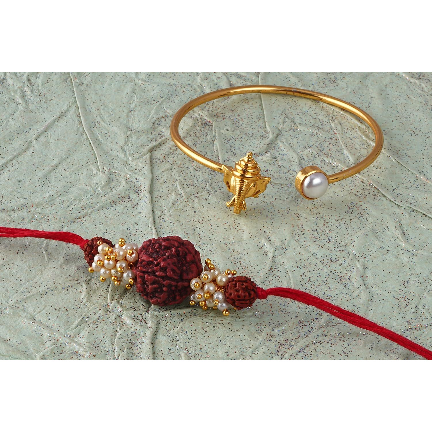 Jfl - Jewellery For Less Combo Of Pearl Rudraksh Rakhi & Ganesha Kada Couple Pair Latest Rakhi With Roli Chawal Raksha Bandhan With Hand Written. For Unisex Adult