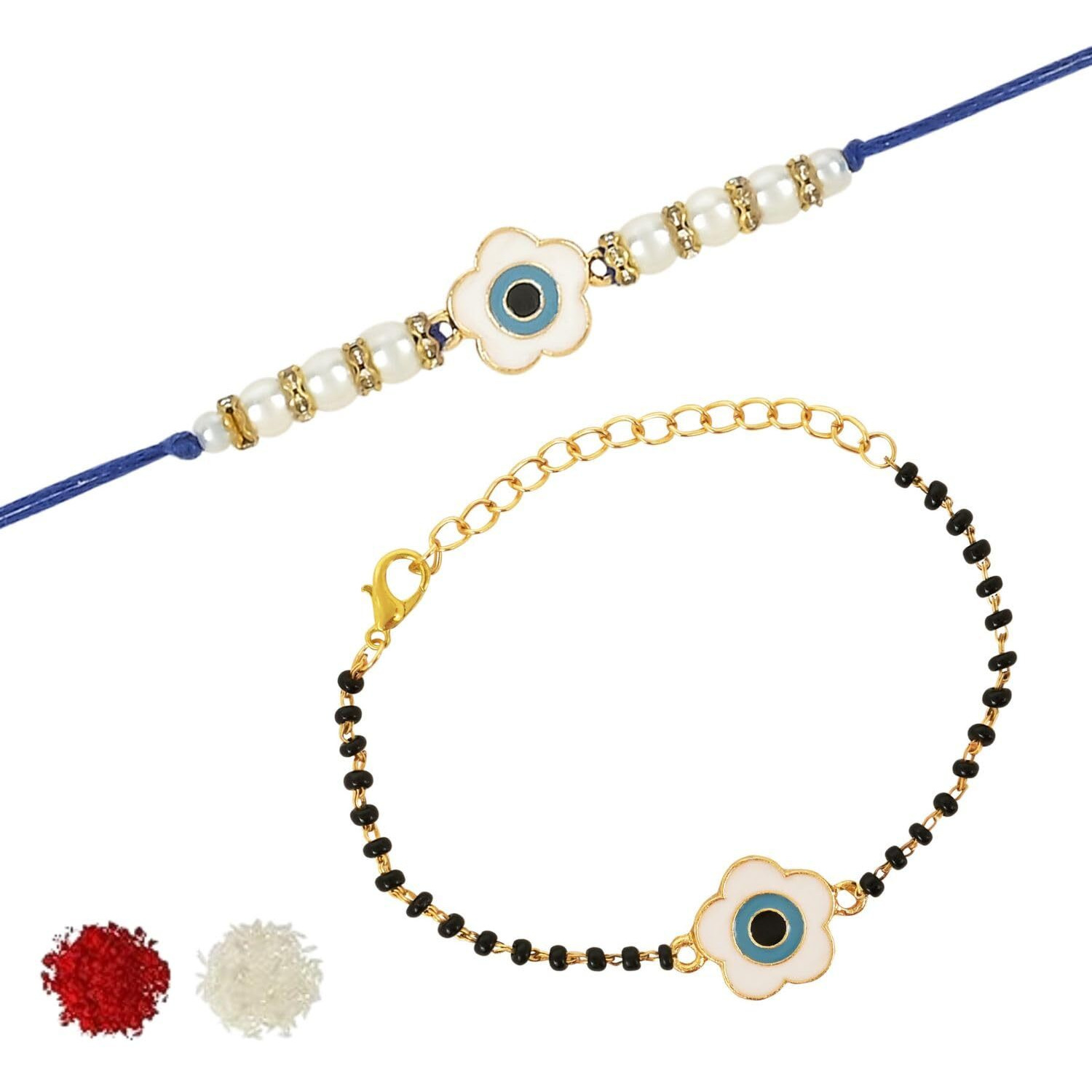 I Jewels Enamel Floral Evil Eye Bhaiya Bhabhi Mangalsutra Bracelet Rakhi Set With Roli Chawal & Rakshabandhan Card For Brother/Bro/Men (R133-Co)
