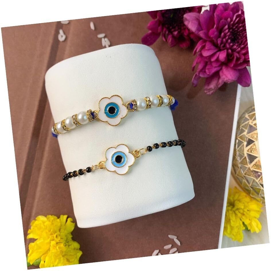 I Jewels Enamel Floral Evil Eye Bhaiya Bhabhi Mangalsutra Bracelet Rakhi Set With Roli Chawal & Rakshabandhan Card For Brother/Bro/Men (R133-Co)