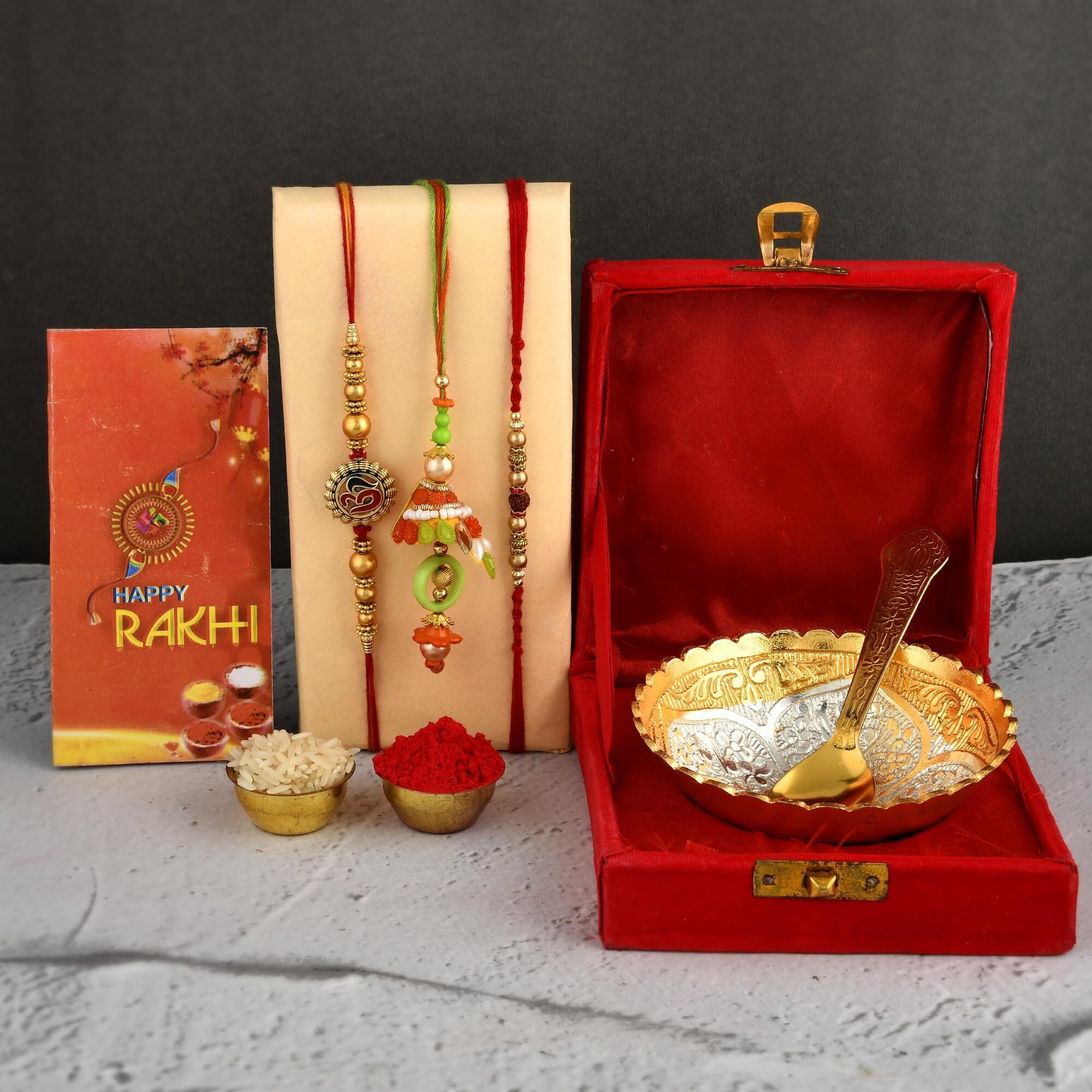 Yalambar Rakhi Hamper For Brother German Silver Bowl Set With Velvet Box Set With Red Velvet Box (Rakh2023 Rakhi Set With Bowl Set Free Rakhi Card)-Rakh202305-2
