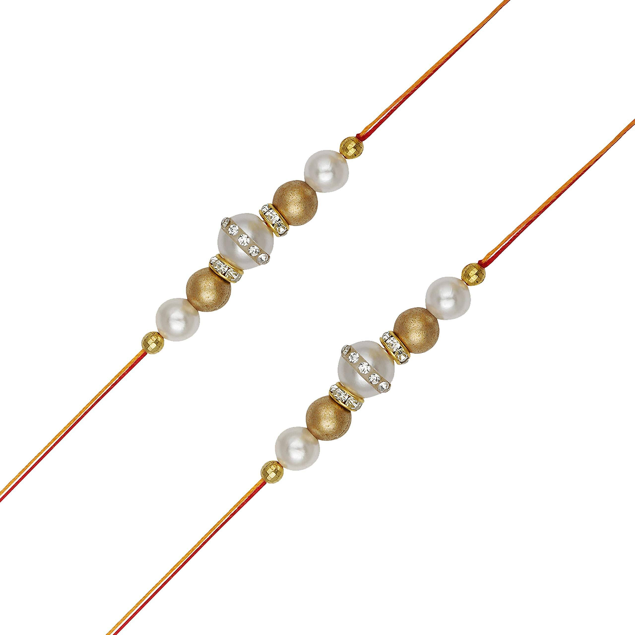 Accessher Mens Traditional Gold & White Plated Stylish Beads Rakhi For Beloved Brother Pack Of 2 With Roli Kumkum Packets And Happy Rakshabandhan Card