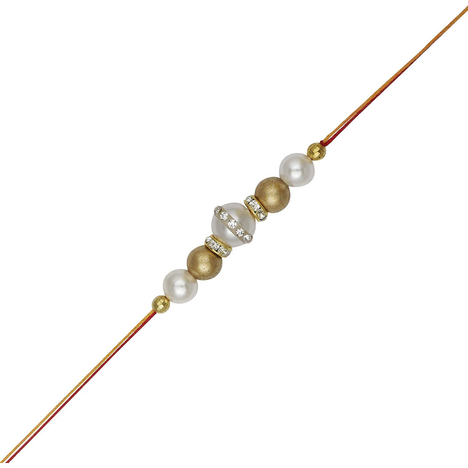 Accessher Mens Traditional Gold & White Plated Stylish Beads Rakhi For Beloved Brother Pack Of 2 With Roli Kumkum Packets And Happy Rakshabandhan Card