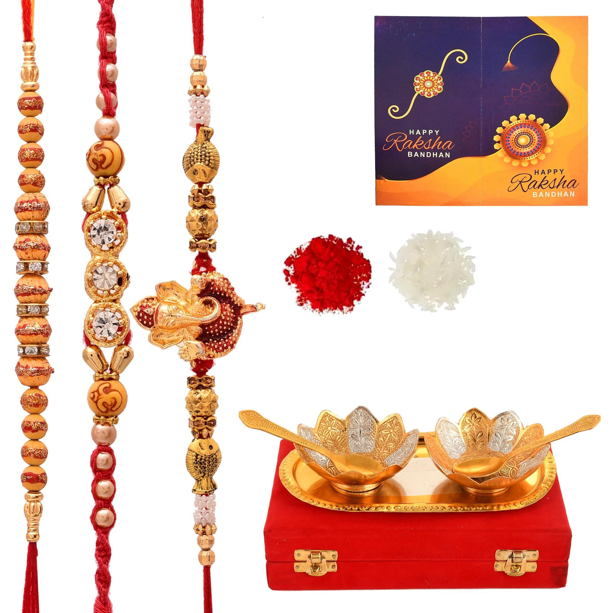 Yalambar Rakhi Gift For Brother | Rakhi With German Silver Bowl Set With Velvet Box Set With Red Velvet Box (Rakh2023 Rakhi Set With Bowl Set)-B202Rakh2023Brakh20231Rakh2023