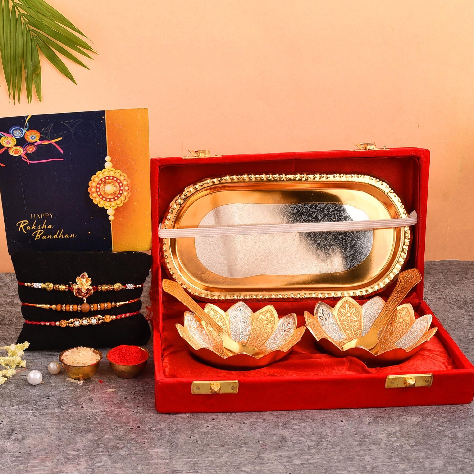 Yalambar Rakhi Gift For Brother | Rakhi With German Silver Bowl Set With Velvet Box Set With Red Velvet Box (Rakh2023 Rakhi Set With Bowl Set)-B202Rakh2023Brakh20231Rakh2023